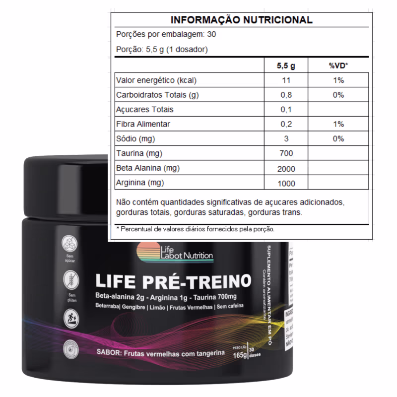 Suplemento Alimentar em Pó Life Labot Nutrition Life Pré-Treino, 165g.