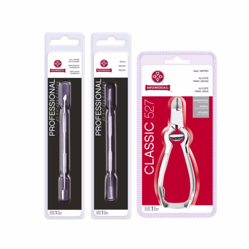 Kit Alicate Corte Unha BC-527 Palito E Espátula Inox Mundial