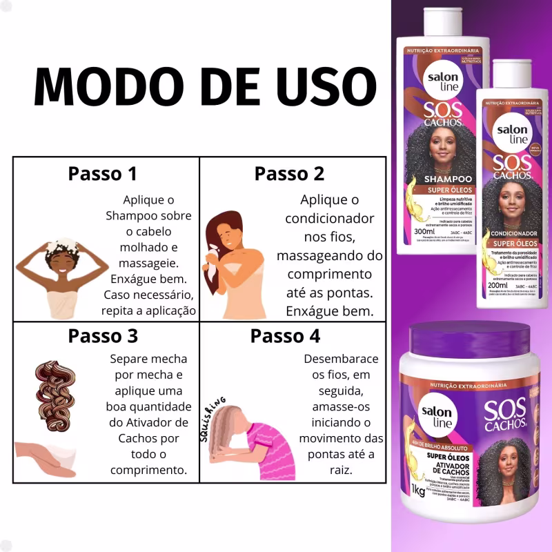 Kit Salon Line SOS Cachos Super Óleos: Shampoo 300ml e Condicionador 200ml + Ativador de Cachos 1kg