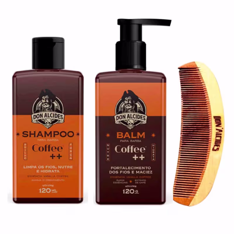 Kit Balm Shampoo e Pente Curvo Para Barba Coffee Don Alcides