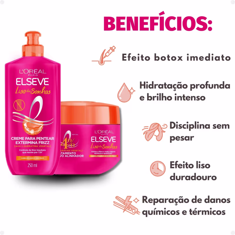 Kit Elseve Liso dos Sonhos: Máscara Tratamento 300g e Creme para Pentear Extermina Frizz 250ml