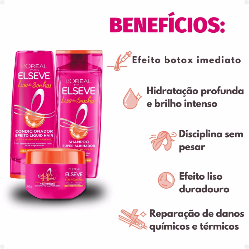 Kit Elseve Liso dos Sonhos: Máscara Tratamento 300g + Shampoo e Condicionador 400ml