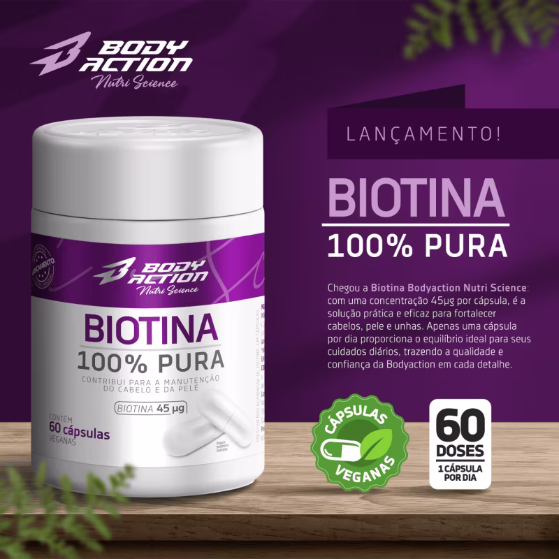 Biotina 100% pura - fortalecimento cabelo , pele e unhas - 60 cápsulas veganas