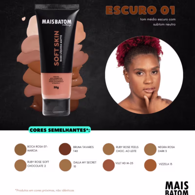 Base Líquida Matte Mais Batom Makeup Soft Skin Escuro 01, 30g.