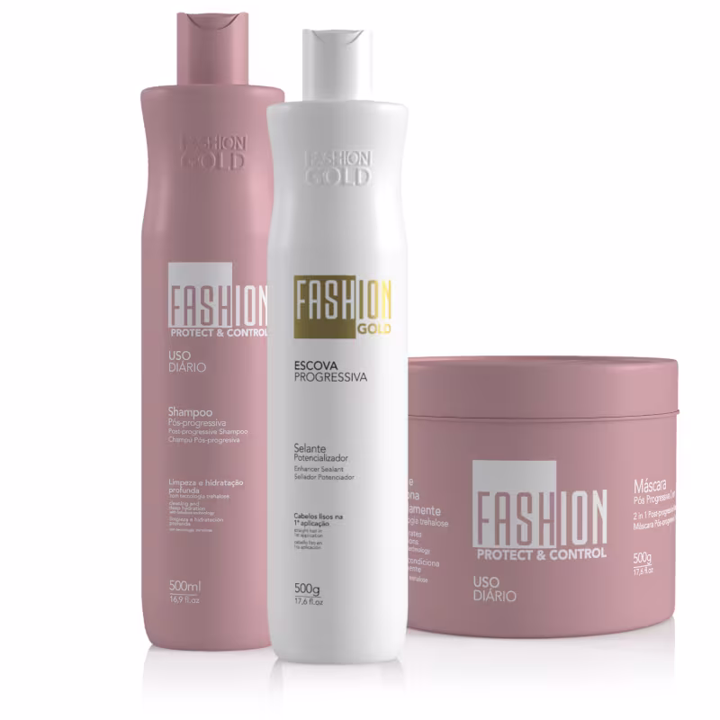 Conjunto de produtos da linha Fashion Gold, incluindo shampoo, condicionador e máscara em embalagens de plástico, com rótulos destacando os nomes "Fashion Gold", Escova Progressiva e "Protect & Control".