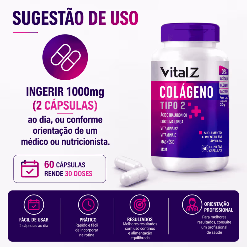 Colágeno Tipo 2 - 60 Cápsulas VITAL Z O MAIS COMPLETO