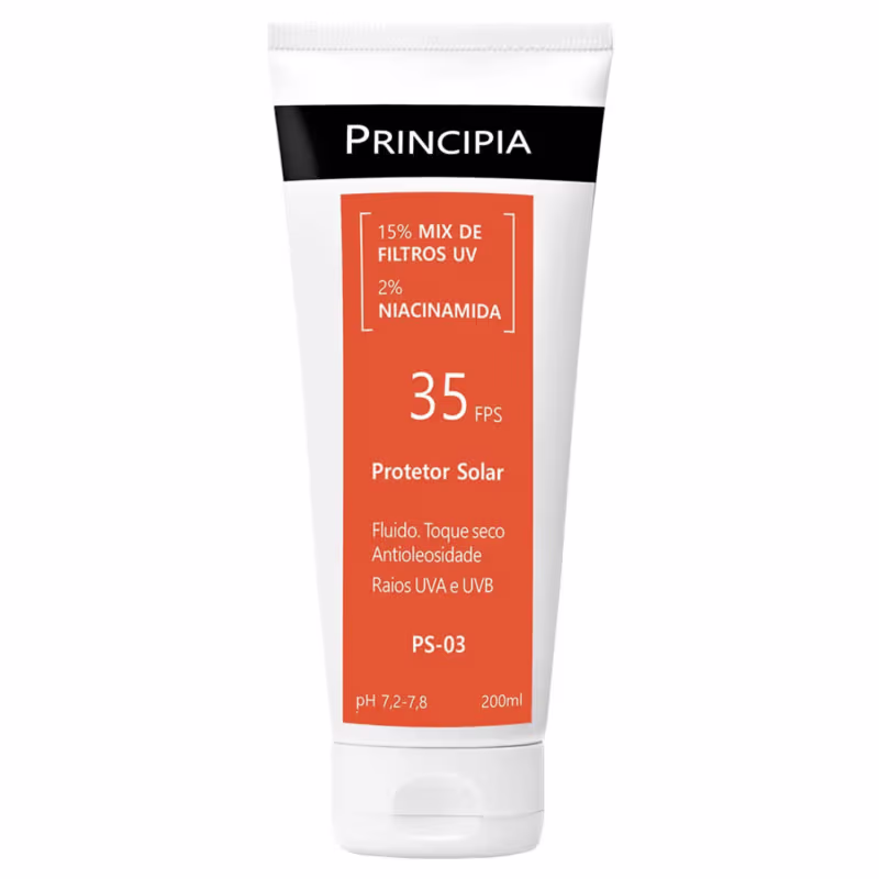 Protetor solar Principia com FPS 35, contendo 15% de filtros UV e 2% de niacinamida, em embalagem branca e laranja com informações sobre o produto.