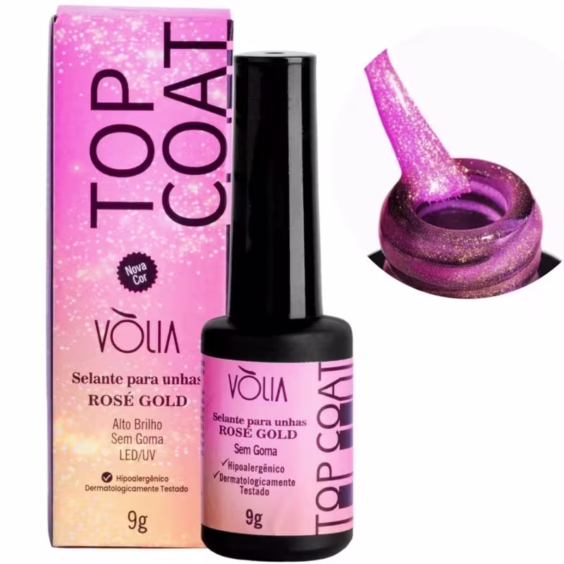 VÒLIA - Topcoat Selante em Frasco - Efeito Rose Gold - Finalizador Alongamento Unhas Nails - 9g