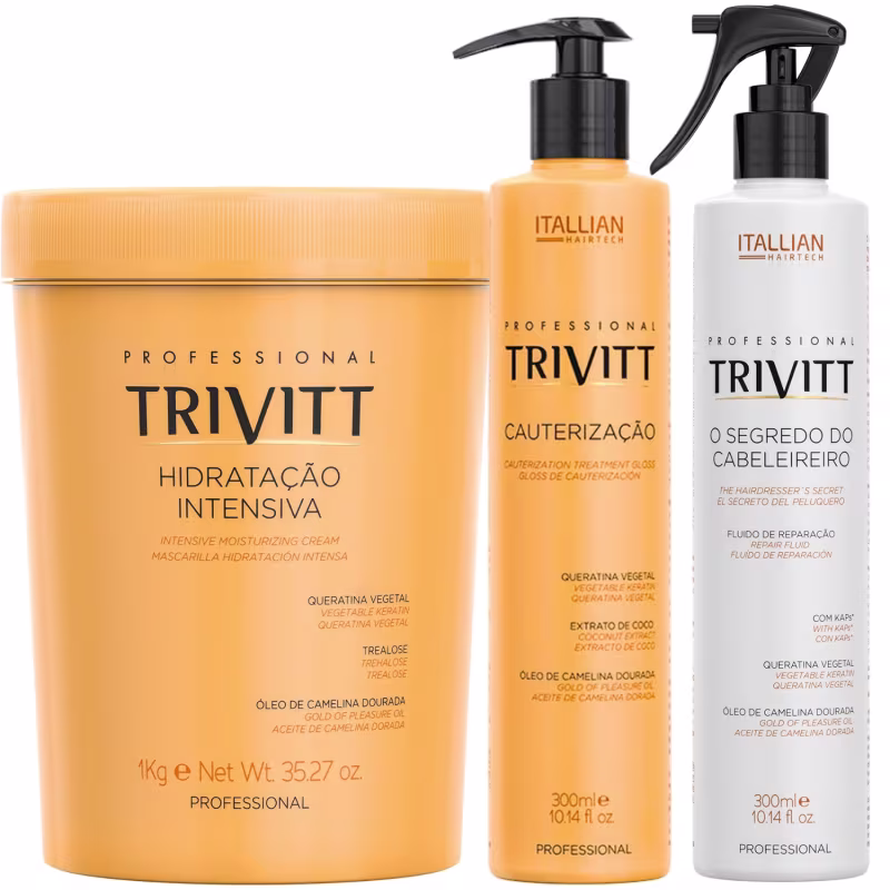 KIT HIDRATAÇÃO INTENSIVA 1KG CAUTERIZAÇÃO 300ML E SEGREDO DO CABELEIREIRO 300ML