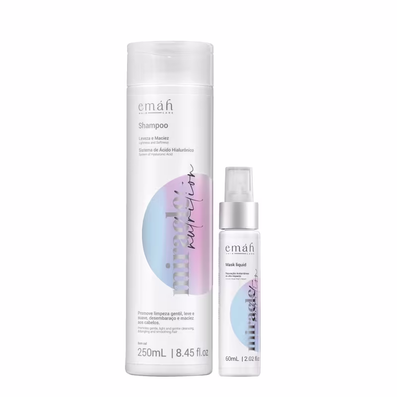 Emáh Hair Care Shampoo e Máscara Líquida em embalagens brancas com detalhes em tons pastel. O shampoo possui 250mL e a máscara líquida 60mL, ambos com sistema de ácido hialurônico.