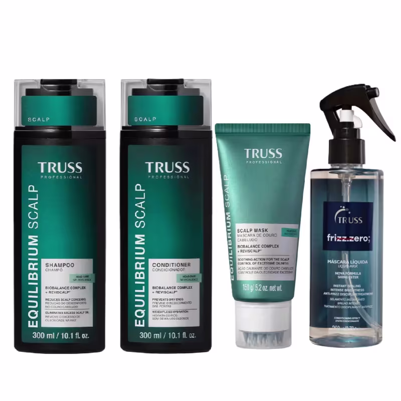 Kit Truss Equilibrium Scalp - Shampoo 300ml + Condicionador 300ml + Máscara 150g + Frizz Zero Máscara Líquida 260ml