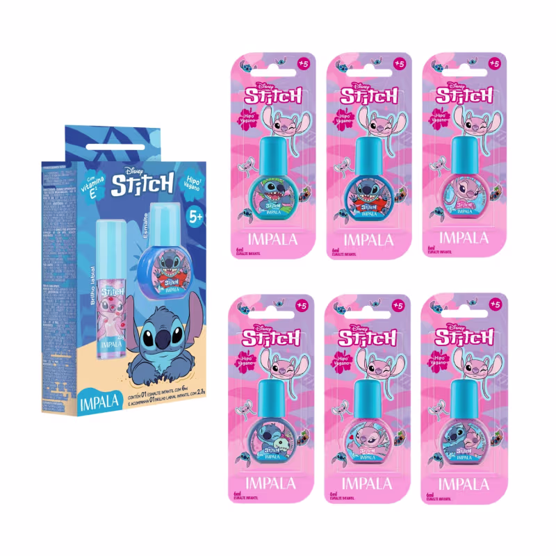 Kit Esmalte Impala Brilho Labial Chiclete Kids Stitch Disney