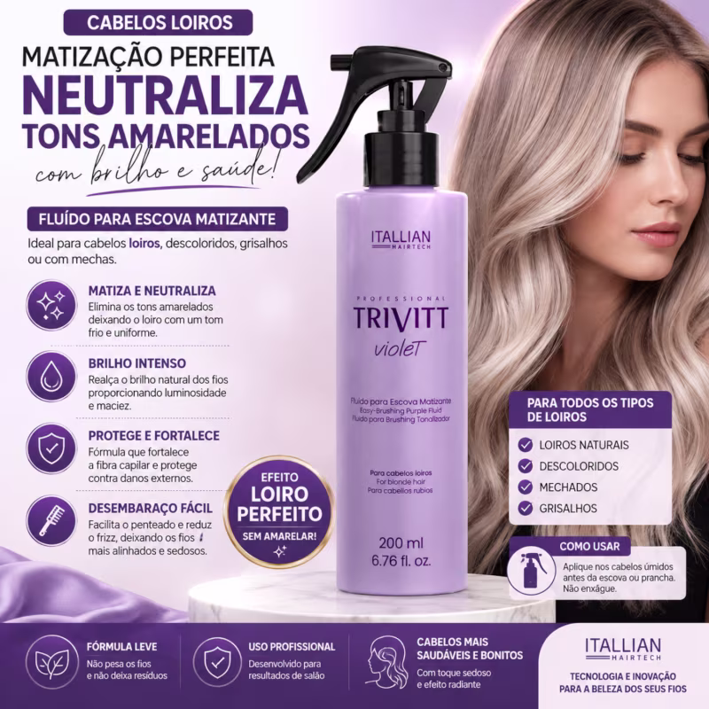 Fluido Capilar Para Escova Matizante Trivitt 200ml – Reduz o Amarelado e Prolonga o Liso dos Fios