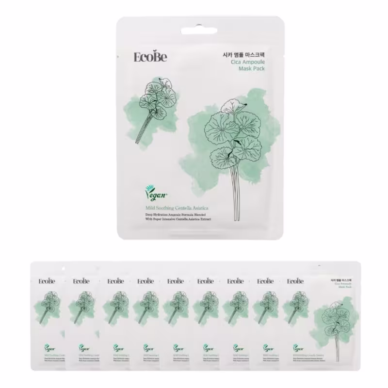 Pacote de máscaras faciais da marca EcoBe, com embalagem branca e ilustrações de plantas verdes, contendo 9 unidades individuais de máscaras com extrato de Centella Asiática para hidratação suave da pele.