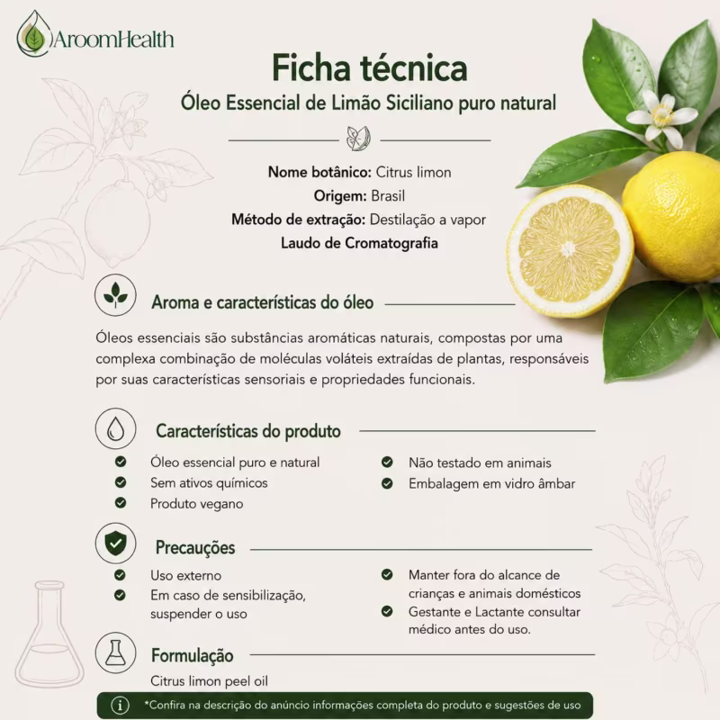 Óleo Essencial Puro Natural de Limão Siciliano 10 ml
