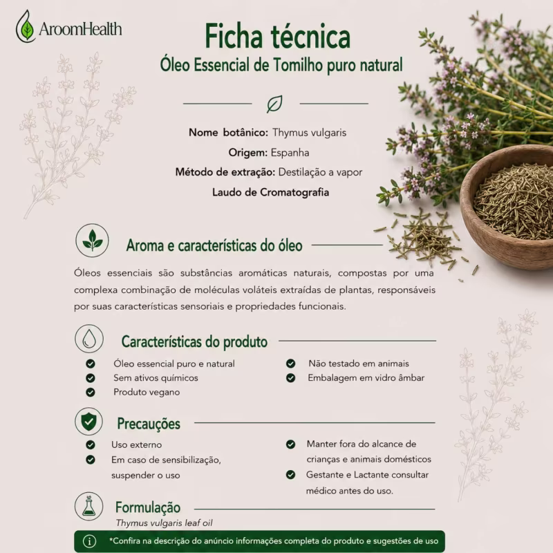 Óleo Essencial Puro Natural de Tomilho 10 ml