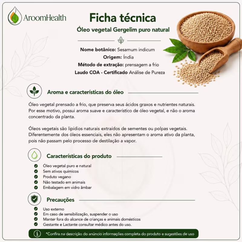 Óleo Vegetal Puro Natural de Gergelim 500 ml