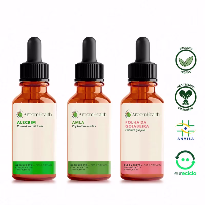 Kit de óleos vegetais de Alecrim, Amla e Folha da Goiabeira – 30 ml cada