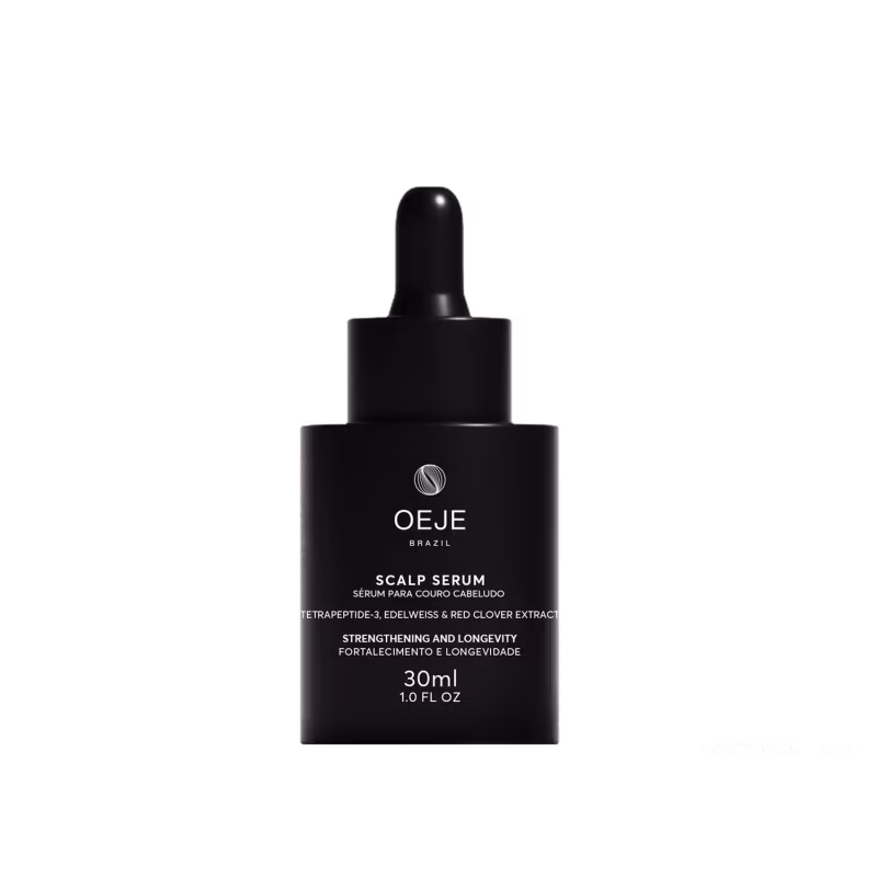 Frasco de soro capilar Oeje Brazil com 30ml, embalagem preta com rótulo destacando os ingredientes ativos e benefícios de fortalecimento e longevidade dos cabelos.
