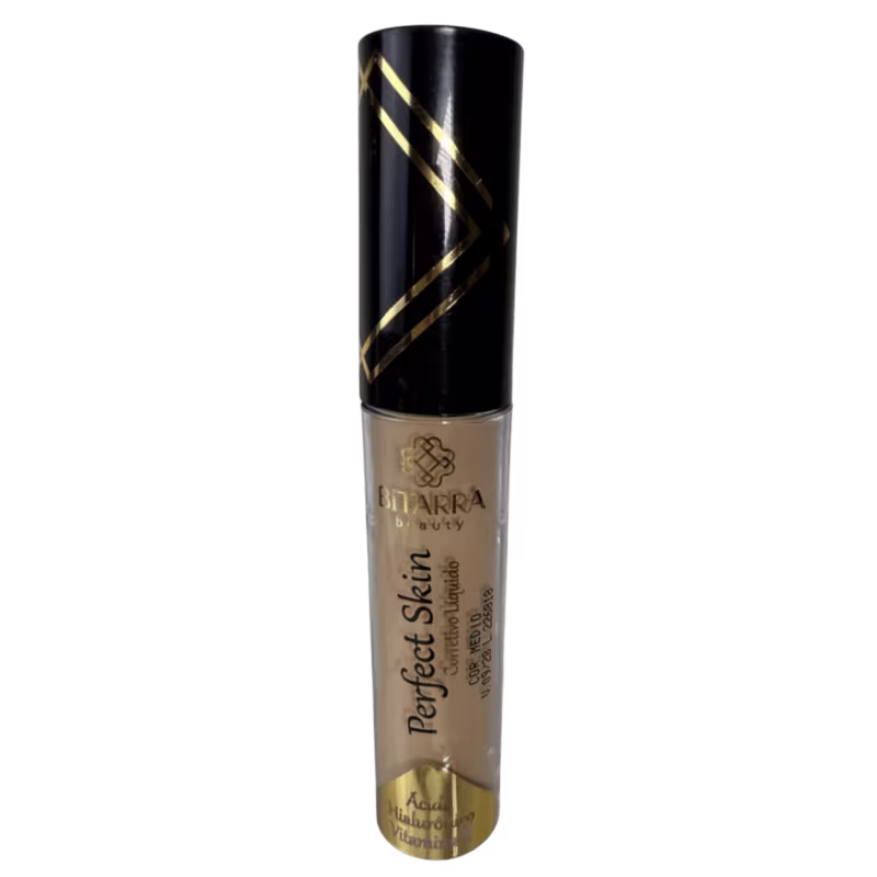 Frasco de maquiagem Bitarra Beauty com design preto e dourado, contendo produto para pele com rótulo "Perfect Skin" e informações sobre o conteúdo.
