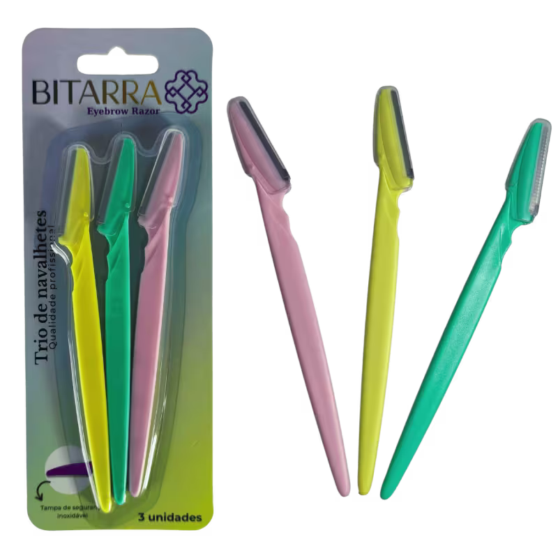 Conjunto de três aparadores de sobrancelhas da marca Bitarra Beauty, em cores rosa, verde e amarelo, embalados em cartão com o logotipo da marca.