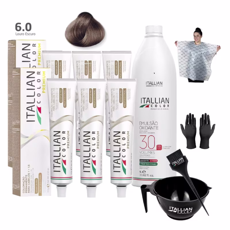 Kit 6 Coloração Itallian Color 6.0 Louro Escuro 60g + Emulsão Oxidante Oxi 1Lt