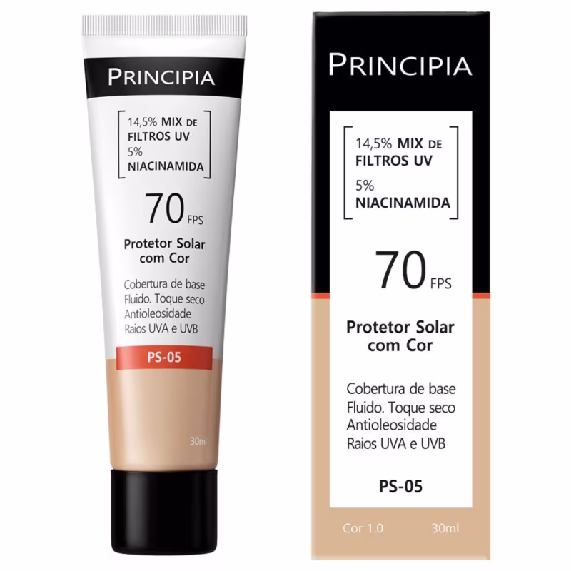 Protetor solar da marca Principia, com FPS 70, contendo 14,5% de mix de filtros UV e 5% de niacinamida. Embalagem em tubo plástico branco e preto, com informações sobre o produto impressas.