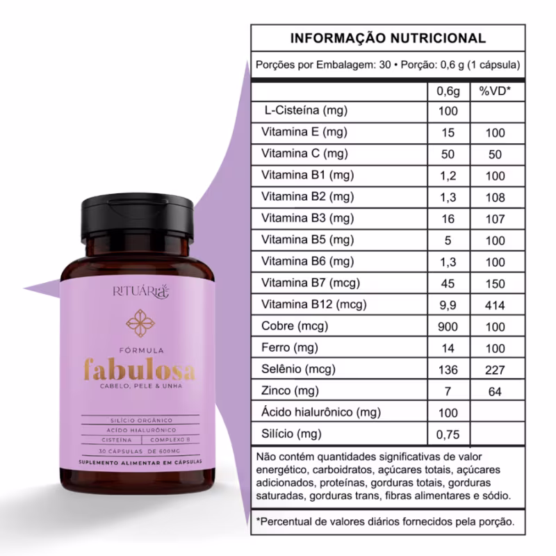 Kit 3x Fórmula Fabulosa Rituária 30 cápsulas Suplemento para Cabelo Pele Unha