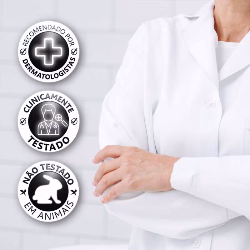 O produto apresentado é um conjunto de selos ou emblemas que indicam a recomendação de dermatologistas, a realização de testes clínicos e a não testagem em animais.