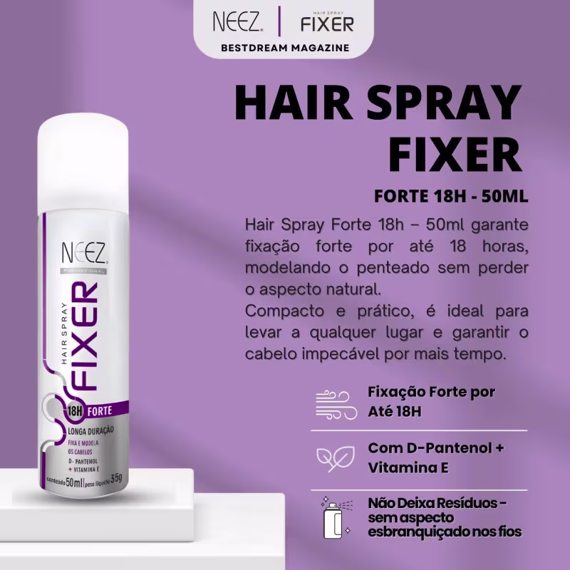Spray Fixador De Cabelo Profissional Neez Laque Capilar Fixação Forte 18 Horas 50ml