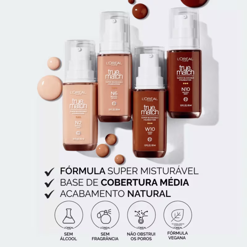 Fórmula super misturável, base de cobertura média, acabamento natural, sem álcool, sem fragrância, não obstrui os poros, fórmula vegana.