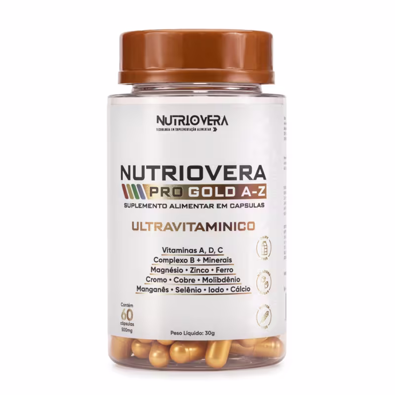 Suplemento Ultravitaminico Pro Gold A-Z Vitaminas A, C, D e complexo B, Zinco, Magnésio, Ferro e Cálcio.