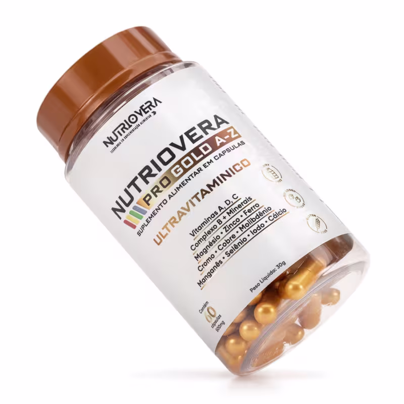 Suplemento Ultravitaminico Pro Gold A-Z Vitaminas A, C, D e complexo B, Zinco, Magnésio, Ferro e Cálcio.