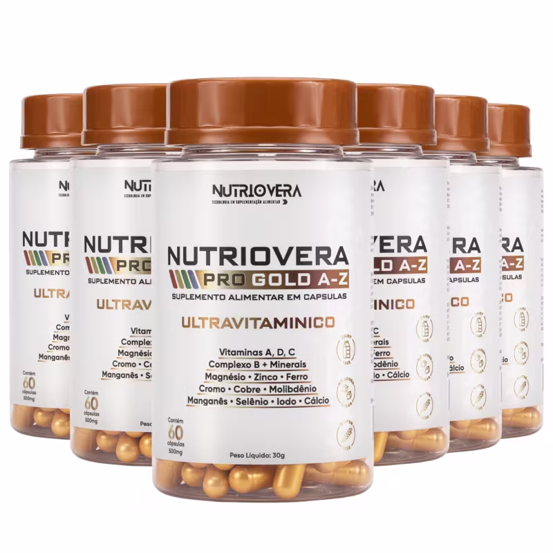 Kit 6 Suplementos Ultravitaminico Pro Gold A-Z Vitaminas A, C, D e complexo B, Zinco, Magnésio, Ferro e Cálcio.