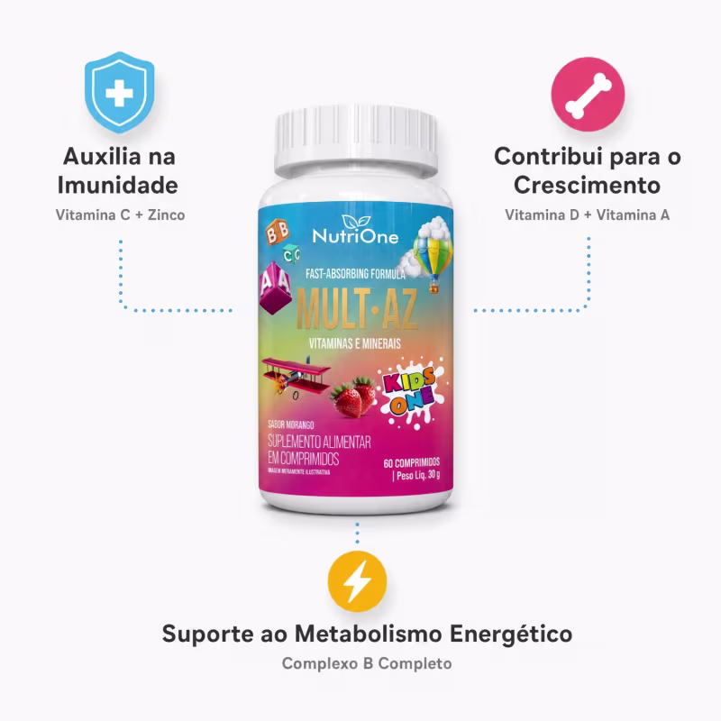 Multivitamínico Infantil Mult-AZ Vitaminas e Minerais de A a Z Sabor Morango 60 Comprimidos - Nutrione