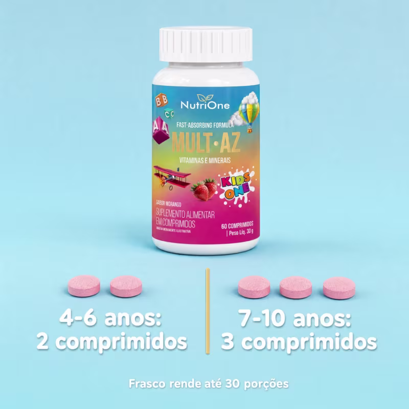 Multivitamínico Infantil Mult-AZ Vitaminas e Minerais de A a Z Sabor Morango 60 Comprimidos - Nutrione
