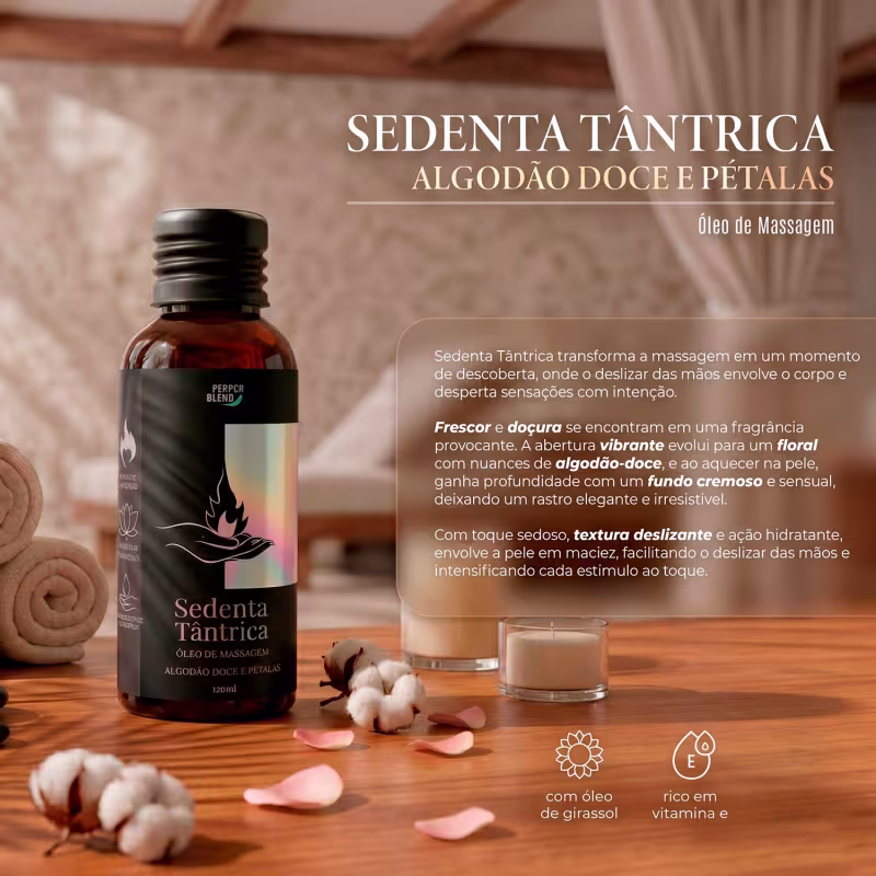 Óleo de Massagem Tântrica e Corporal Aroma Algodão Doce e Pétalas 120ml