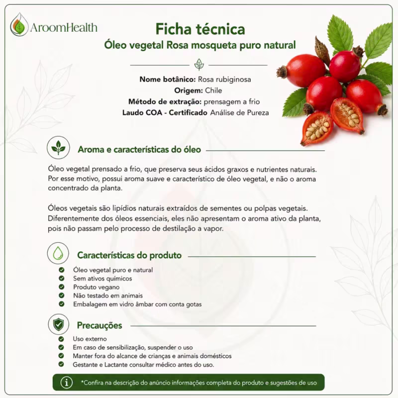 Óleo vegetal puro natural de Rosa mosqueta rubiginosa 100ml