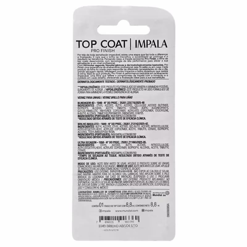 Impala Pro Finish Top Coat Brilho Absoluto Blister 8,8ml