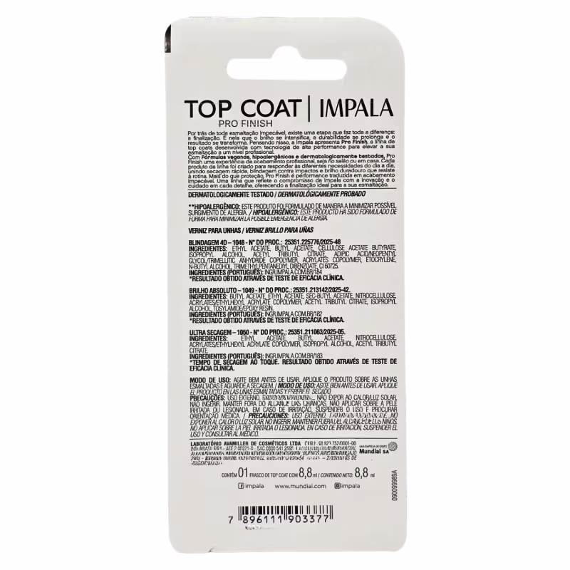 Impala Pro Finish Top Coat Ultra Secagem em 90 segundos Blister 8,8ml