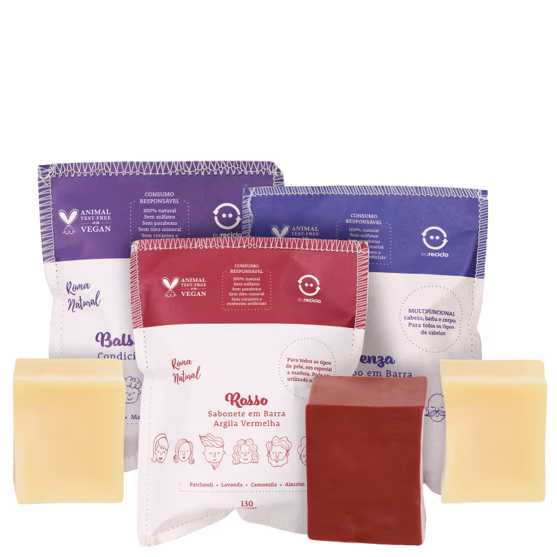 Kit Roma Natural Shampoo e Condicionador em Barra Essenza & Sabonete Argila Vermelha (3 Produtos)