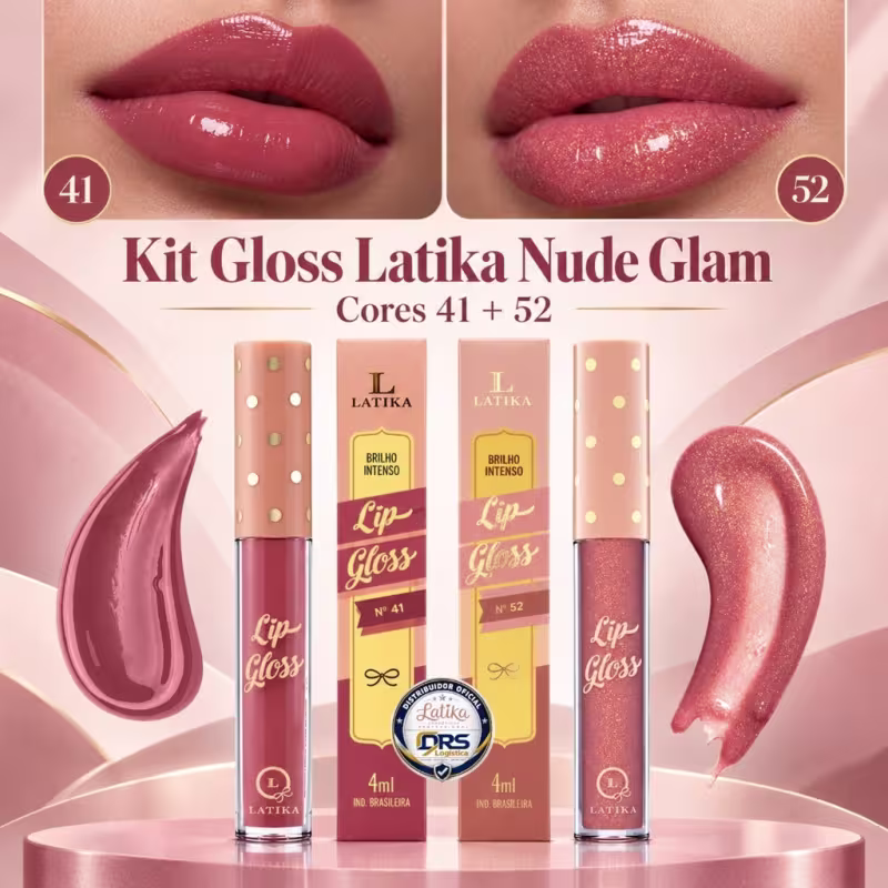 Kit 2 Gloss Labial Latika Lip Hidratante – Cores Nude Glam e Brilho 41 + 52