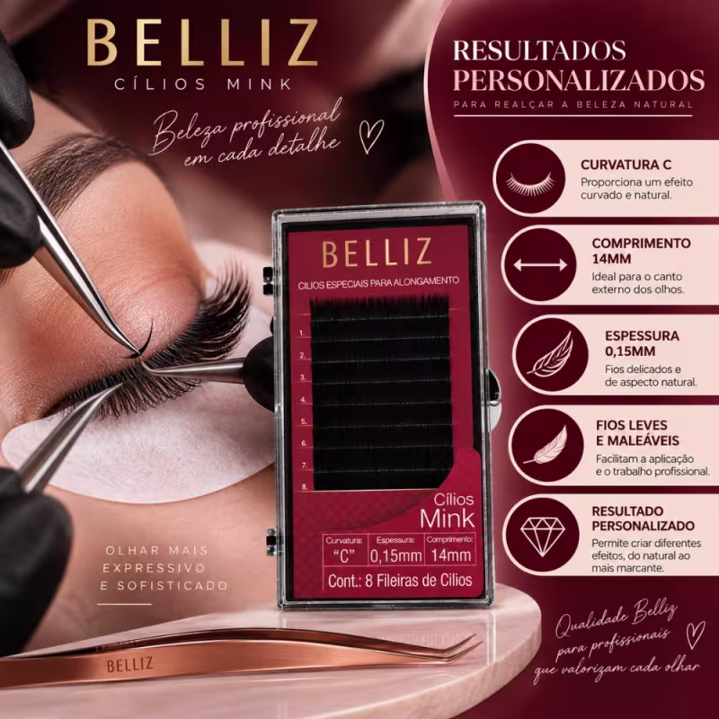 Cílios Mink Belliz Para Alongamento Curvatura C 14mm Ref. 1858