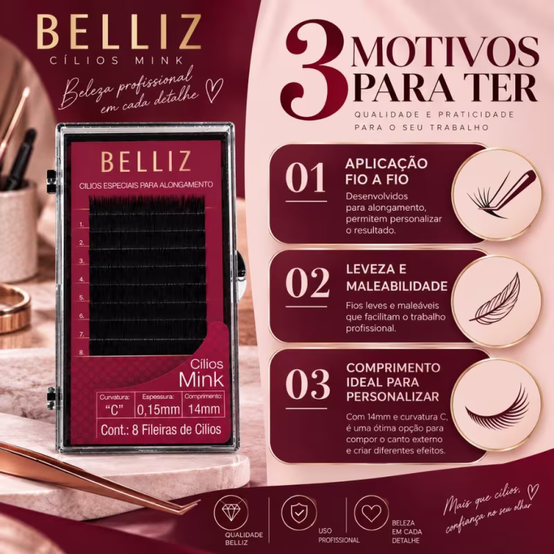 Cílios Mink Belliz Para Alongamento Curvatura C 14mm Ref. 1858