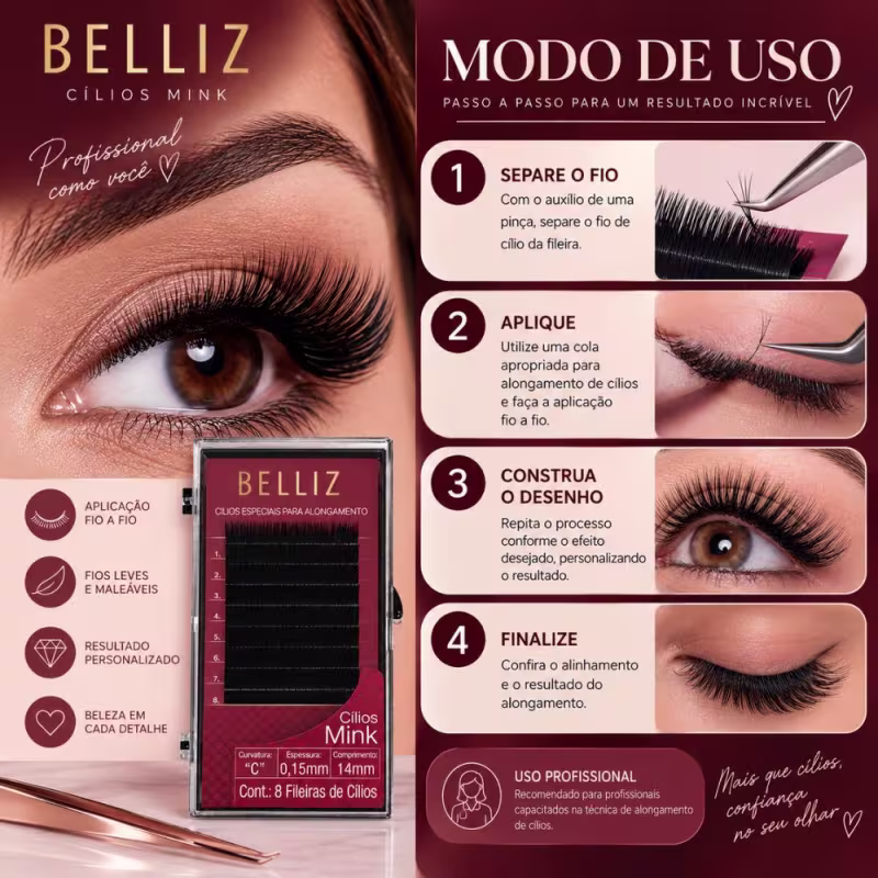 Cílios Mink Belliz Para Alongamento Curvatura C 14mm Ref. 1858