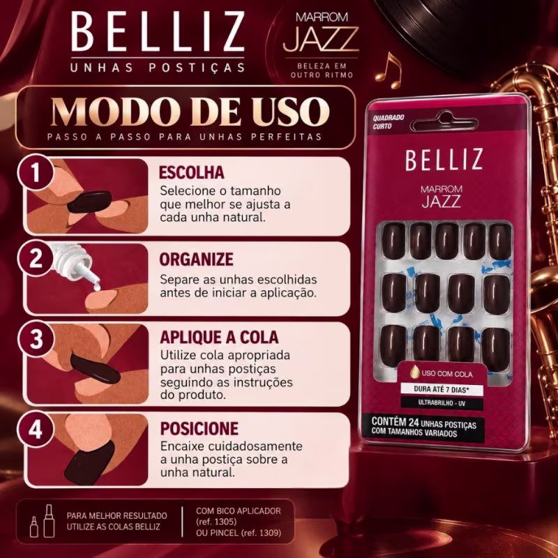 Unhas Postiças Belliz Marrom Jazz Quadrado Curto Cód.:2294