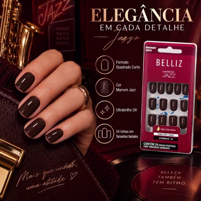 Unhas Postiças Belliz Marrom Jazz Quadrado Curto Cód.:2294