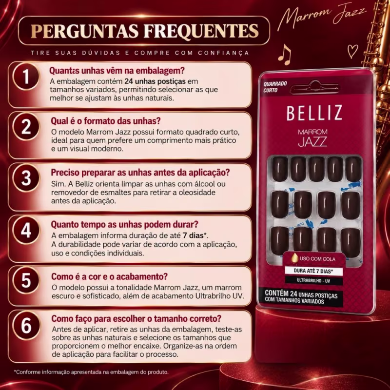 Unhas Postiças Belliz Marrom Jazz Quadrado Curto Cód.:2294