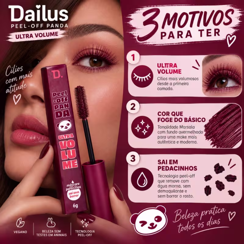 Máscara Para Cílios Dailus Peel-Off Panda Ultra Volume Marsala 6g