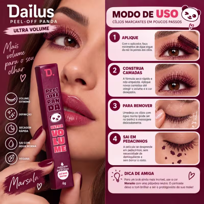Máscara Para Cílios Dailus Peel-Off Panda Ultra Volume Marsala 6g